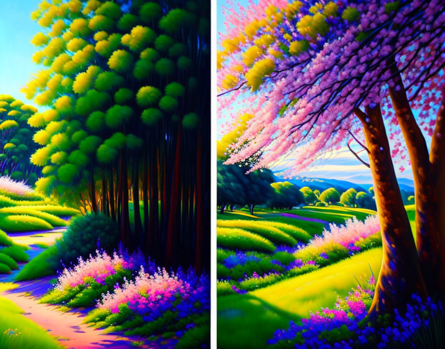 Colorful forest painting with lush green grass, yellow and pink trees, and purple flowers