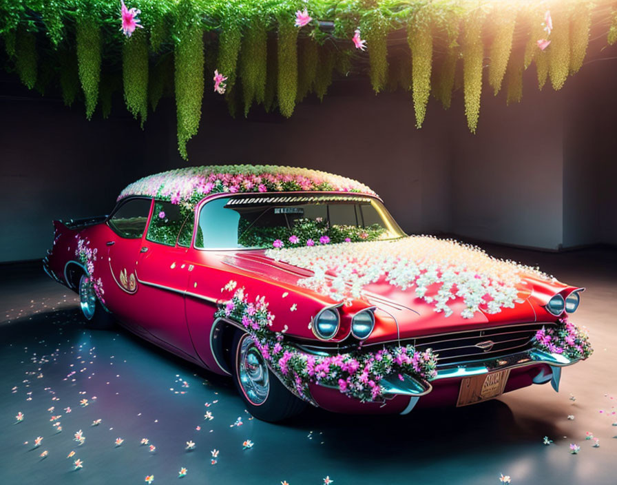 Pink Cadillac with Pink and White Flowers in Dimly Lit Room