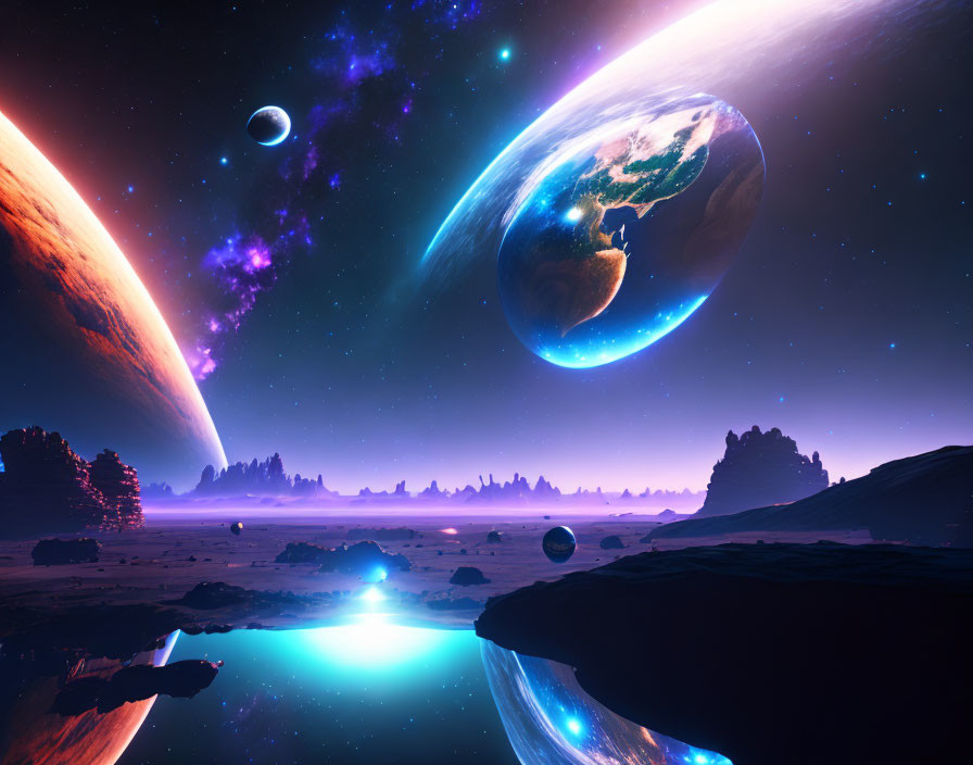 Alien purple-hued terrain with multiple planets in vibrant sci-fi landscape