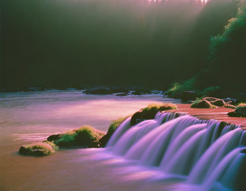 Tranquil Small Waterfall with Moss-Covered Rocks in Forest Setting