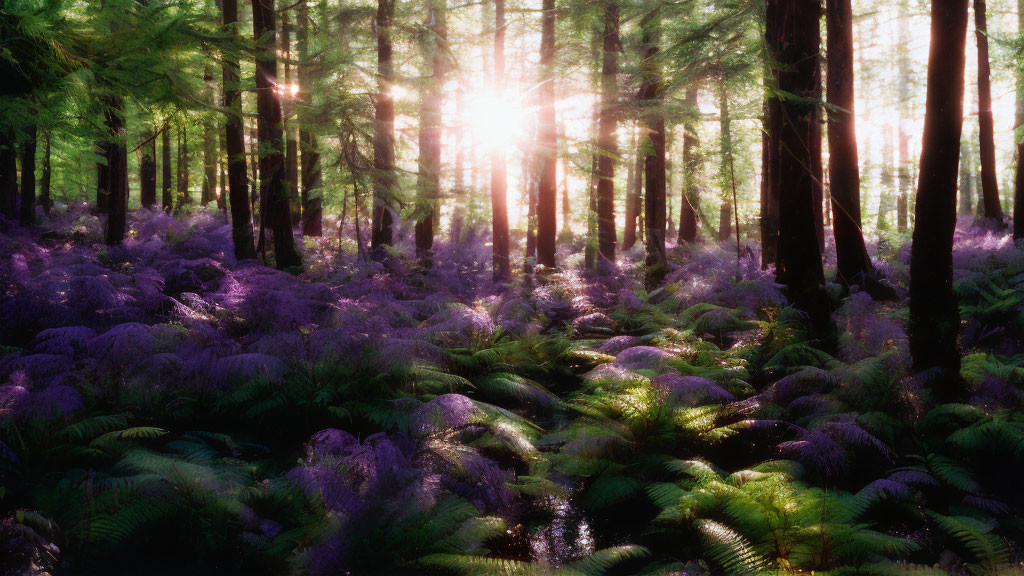 Verdant forest with purple flowers and lush ferns under sunlight