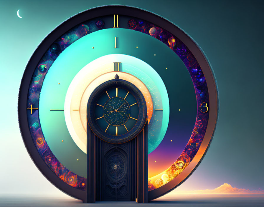 Circular cosmic-themed artwork with celestial motifs, clock face, and ornate door against twilight sky.