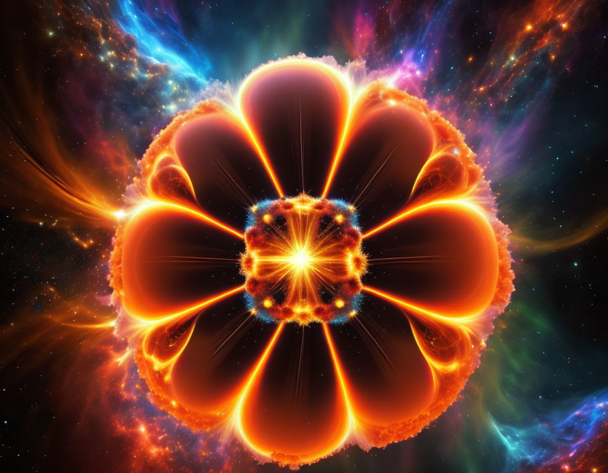 Colorful cosmic image with fiery central glow and symmetrical petal formations.