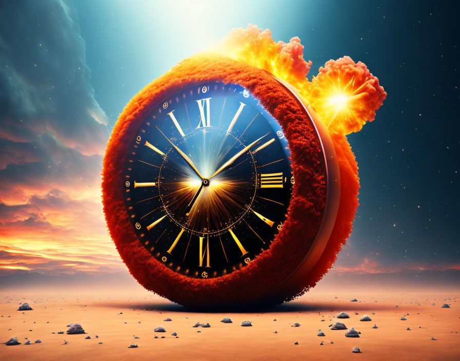 Surreal flaming clock with Roman numerals in desert sunset symbolism