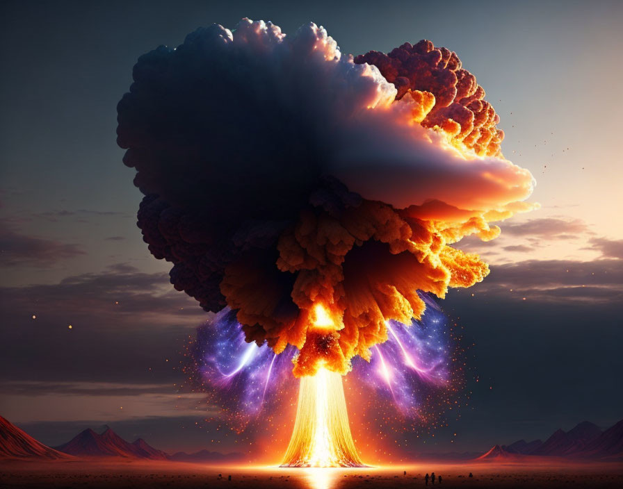 Vibrant desert explosion with mushroom cloud and observers