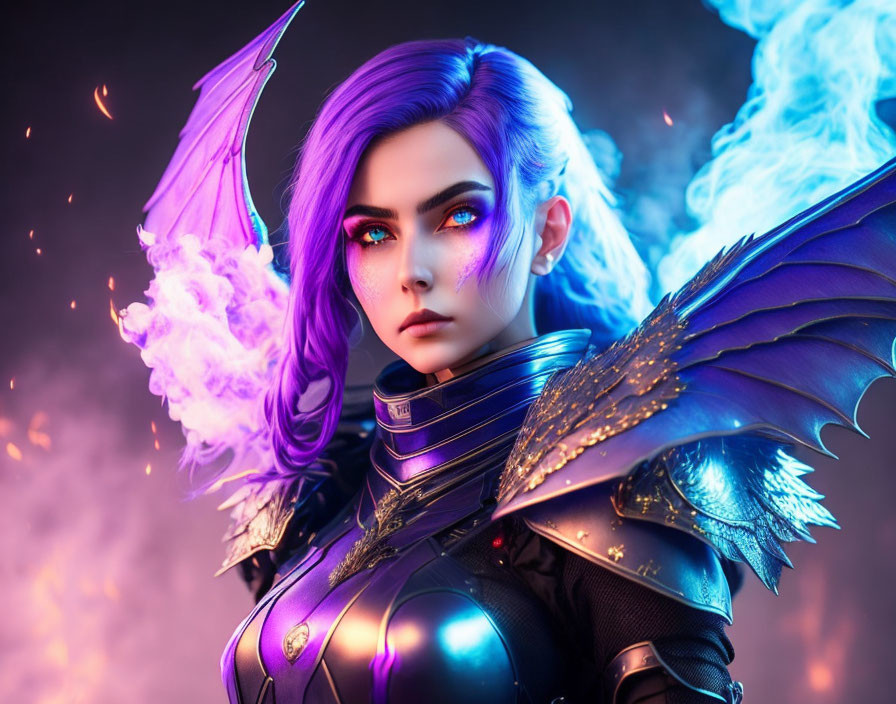 Violet-haired woman with glowing eyes and fiery wings in dark armor on purple backdrop