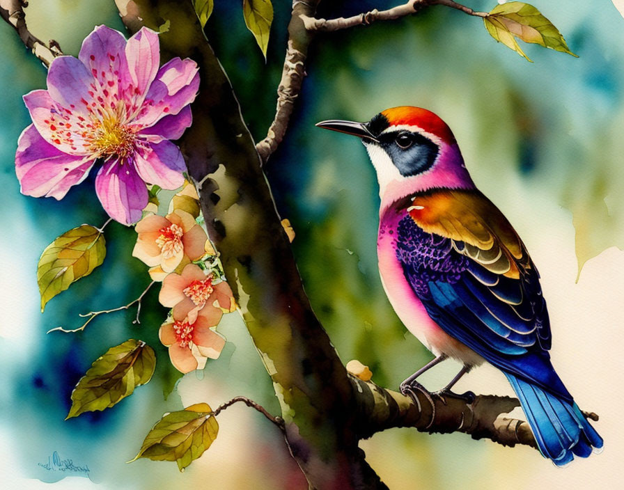 Colorful Bird Perched on Branch with Flowers in Watercolor