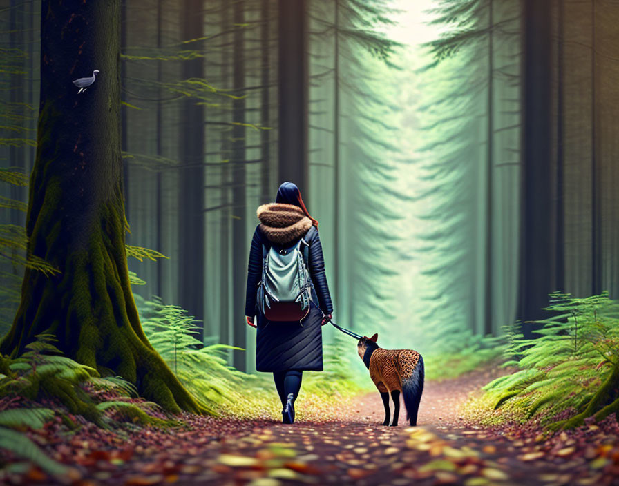 Woman walking with cat in forest under sunlight with flying bird