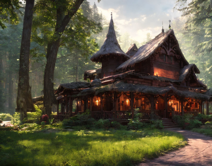 Enchanting wooden cottage in serene forest glade at dusk