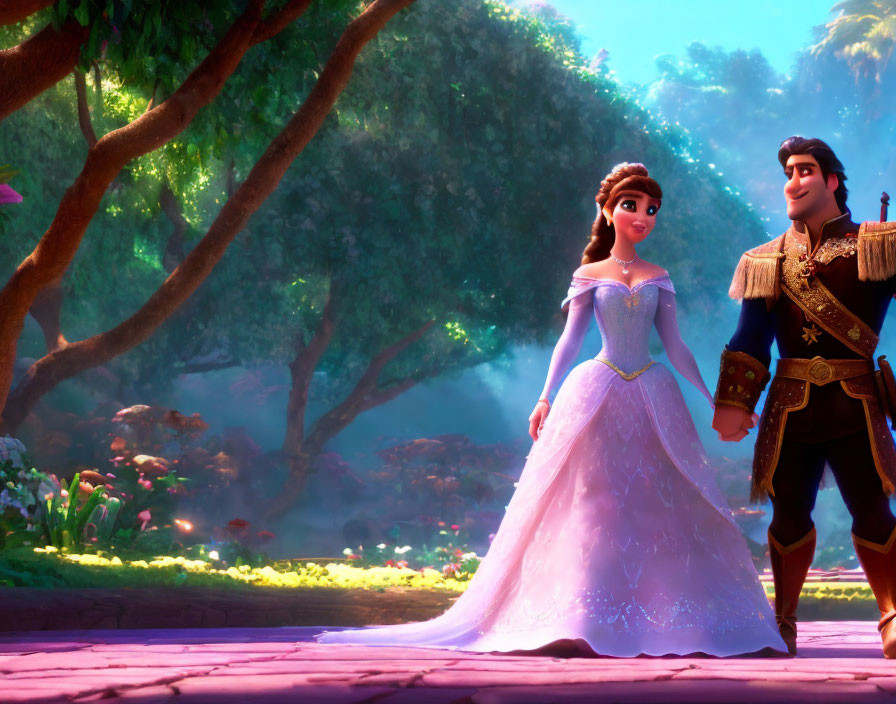 Animated princess and prince in forest glade with sunlight