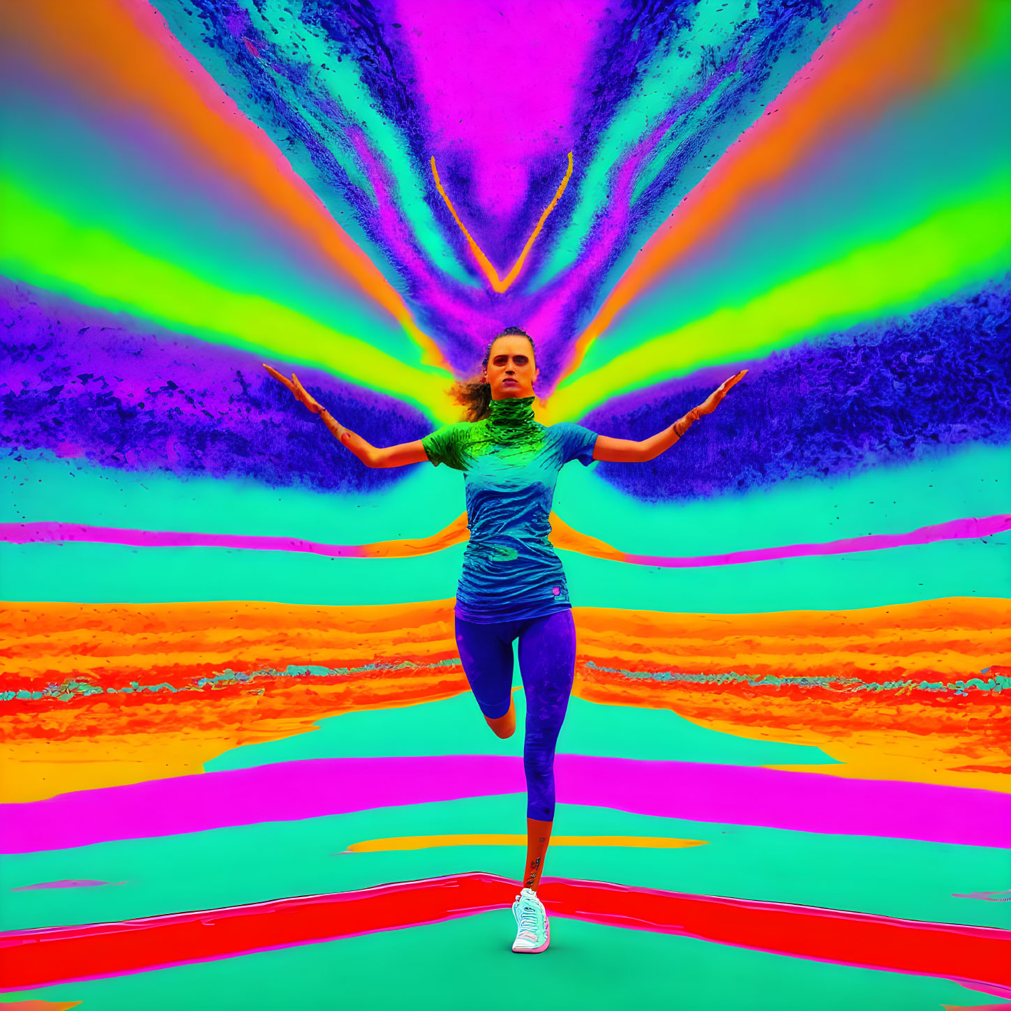 Yoga Pose with Psychedelic Thermal Imaging Background