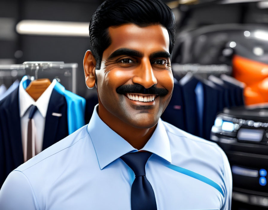 Smiling man with dark hair, mustache, and beard in blue shirt and tie, with background