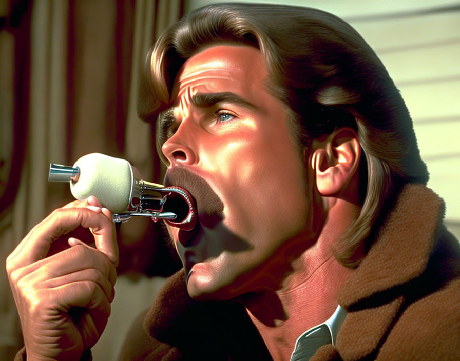 Animated male character singing into vintage microphone close-up.