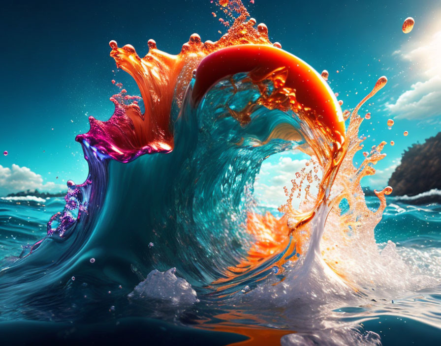 Vivid High-Resolution Ocean Wave with Orange and Purple Paint Splashes