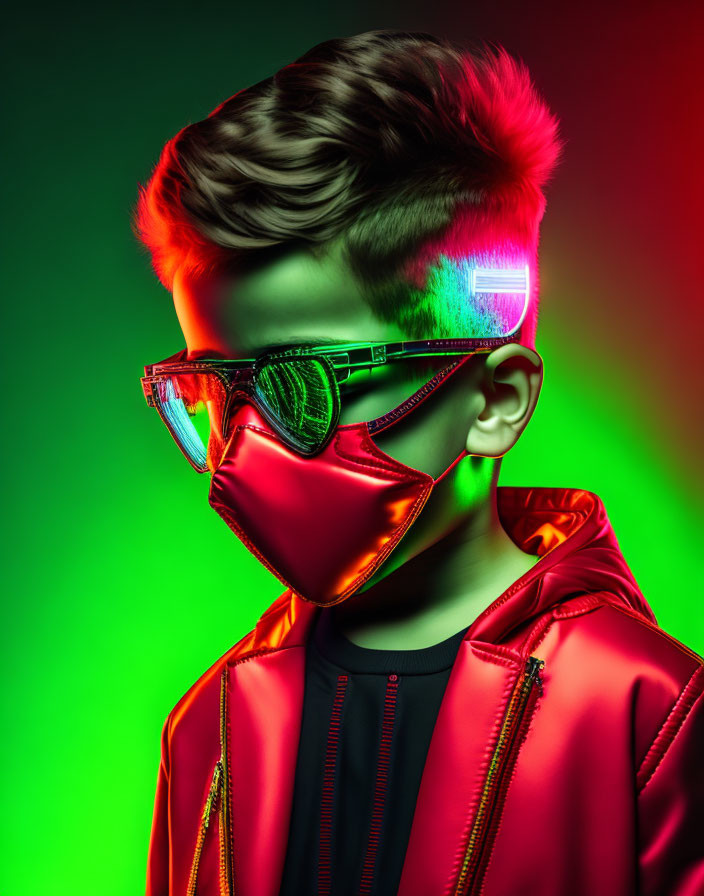 Trendy boy in sunglasses and red mask against neon gradient backdrop