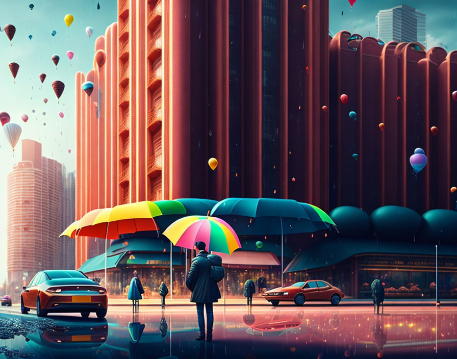 Vibrant urban scene with umbrellas, balloons, wet pavement, and futuristic architecture