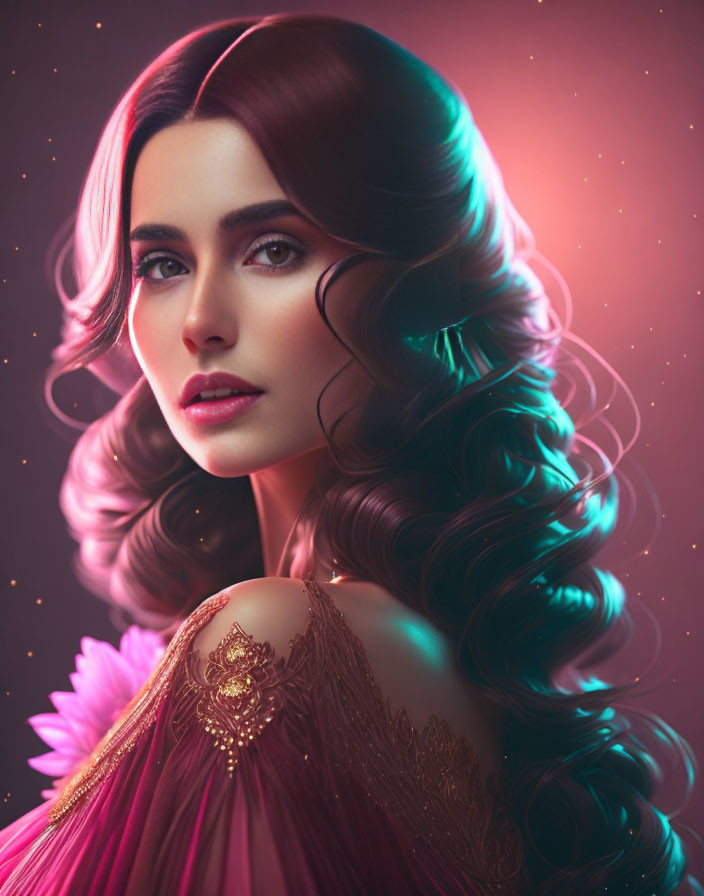 Portrait of woman with dark flowing hair in pink dress on gradient background