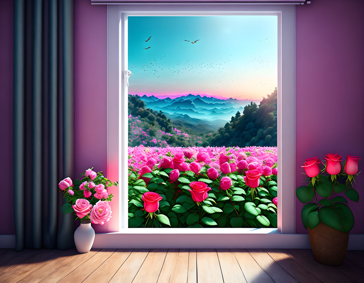 Colorful Room with Window View of Rose Bushes, Purple Mountains, Birds, and Indoor Flowers