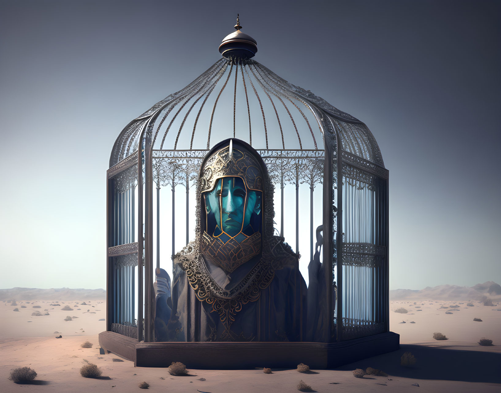 Ornate birdcage with blue-faced humanoid figure in desert landscape