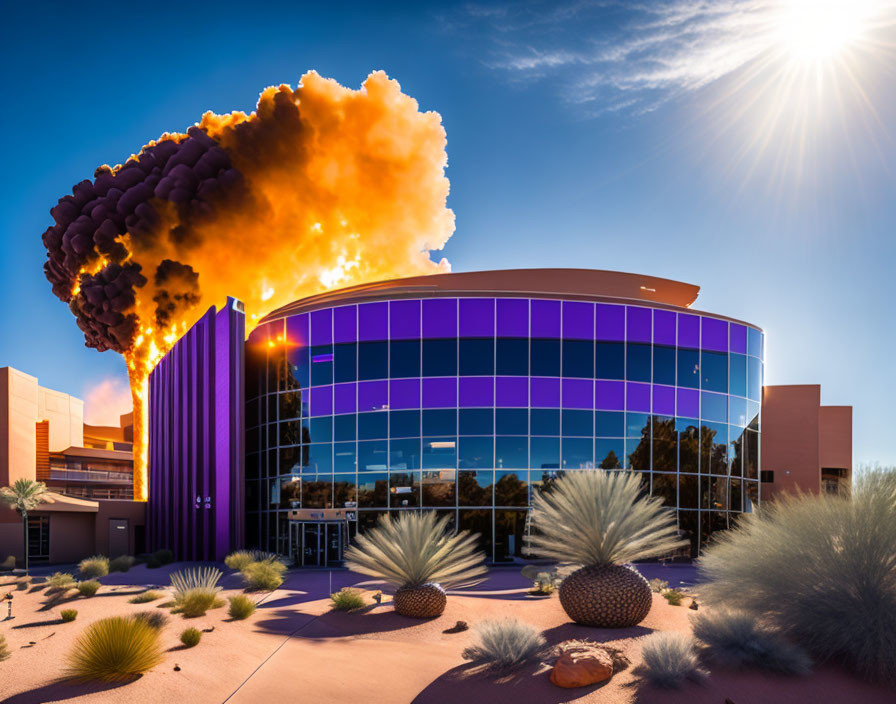 Modern building with blue glass facade in dramatic smoke and fire cloud under sunny sky