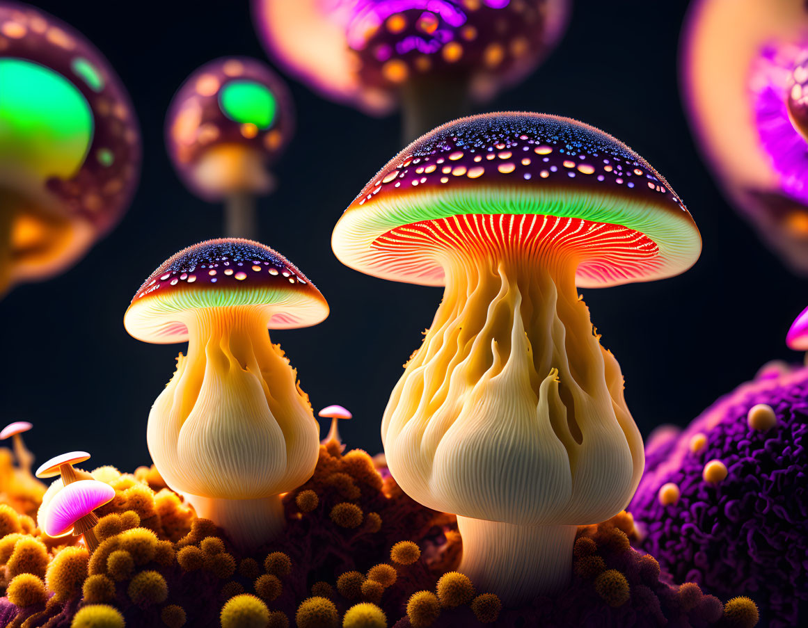 Fantastical glowing mushrooms on dark dreamlike background