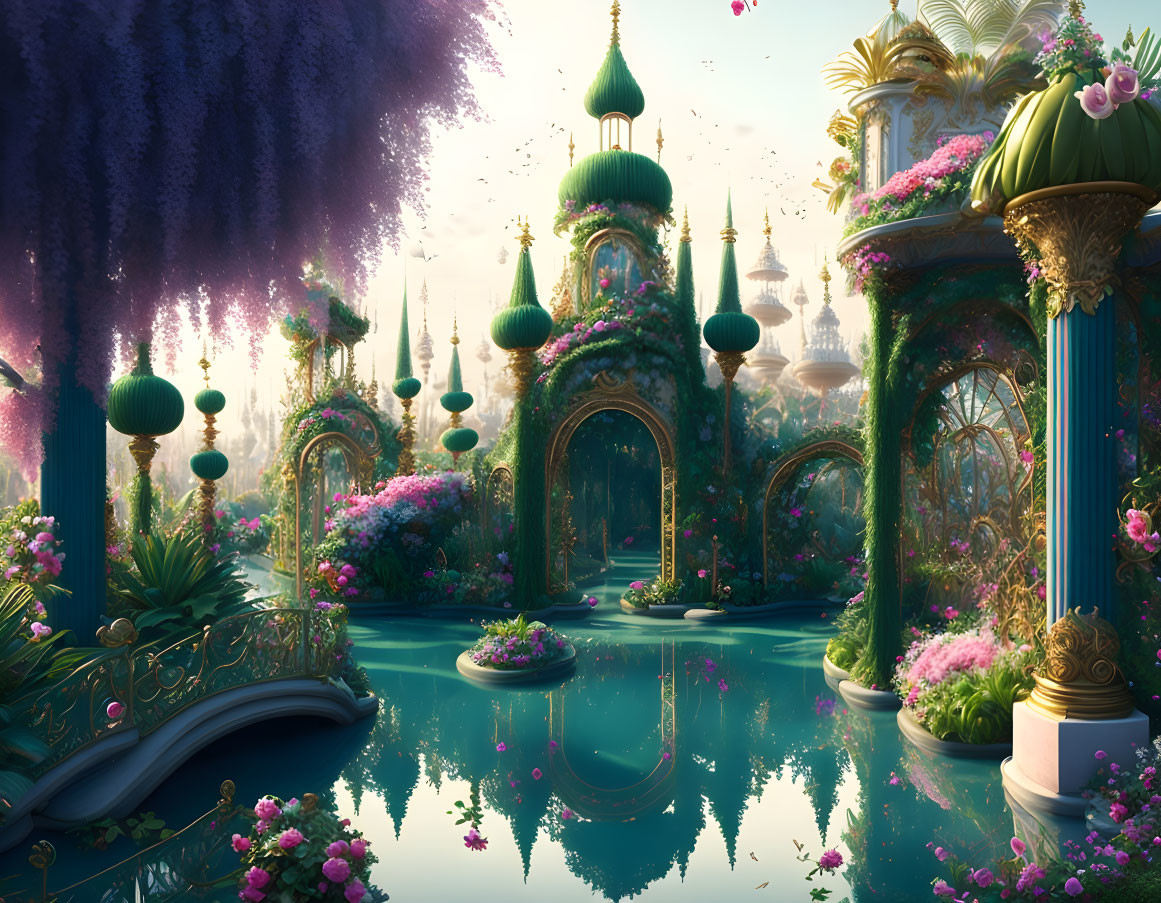 Fantasy garden with archways, vibrant flowers, greenery, water features, and domed structures