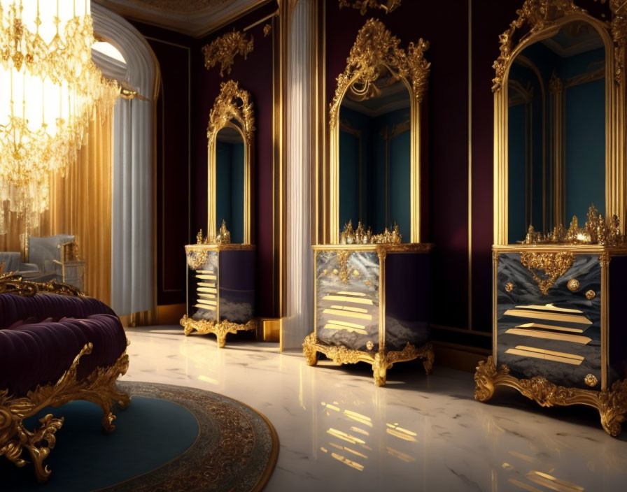 Luxurious Room with Gilded Furniture, Velvet Seats, Mirrors, Columns & Chandelier