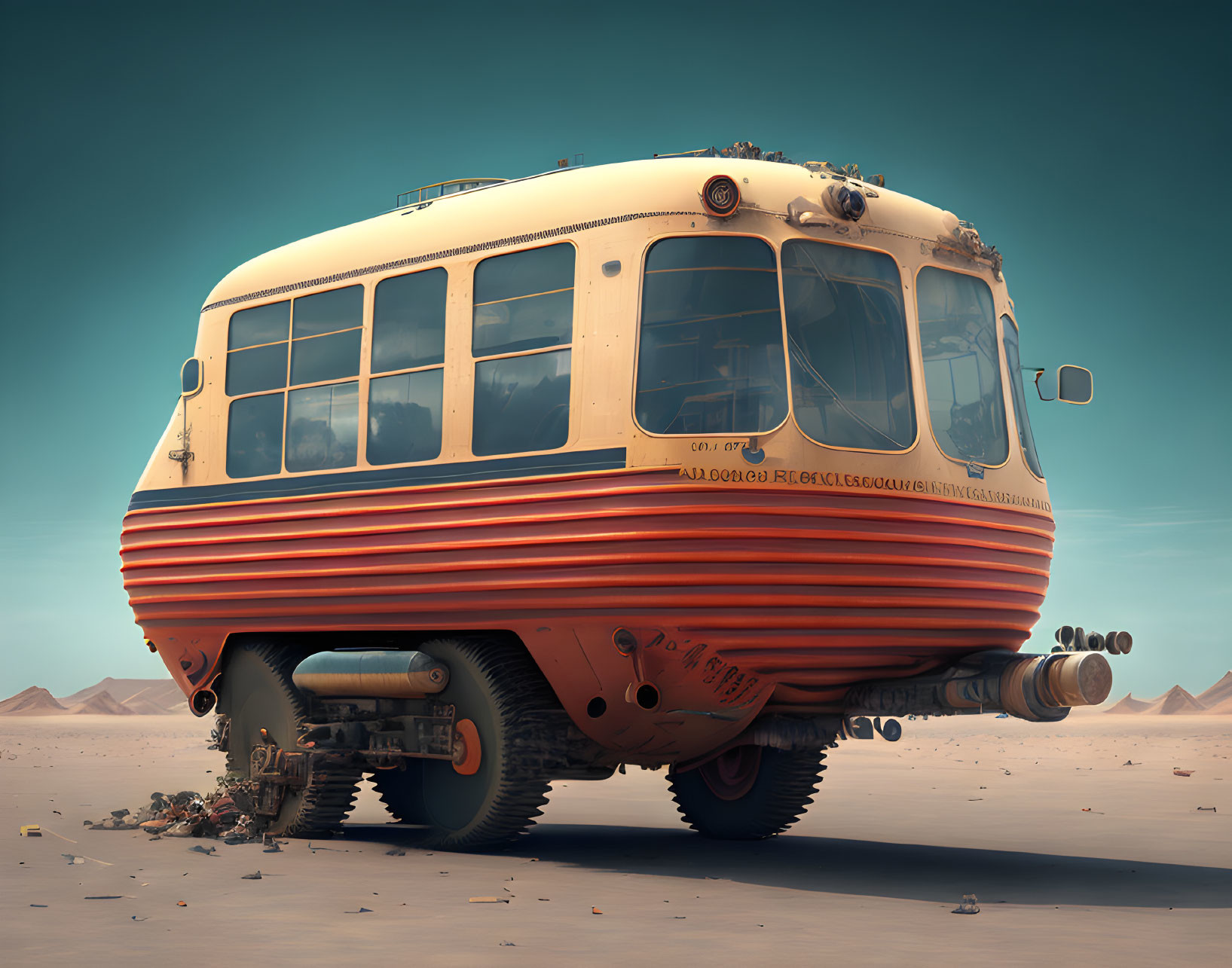 Deserted retro-futuristic bus with caterpillar treads in barren landscape