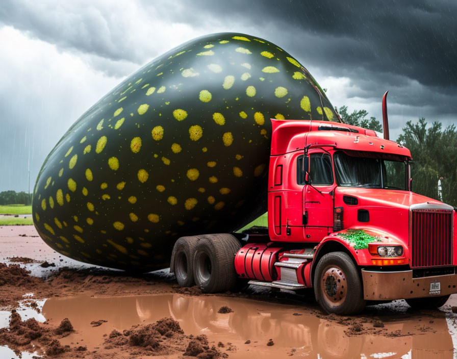 Red semi-truck hauling giant avocado under stormy sky