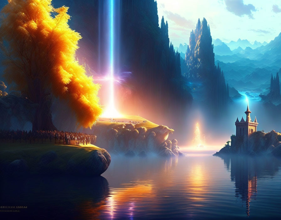 Fantasy landscape with glowing tree, light beams, mountains, lake, castle at twilight