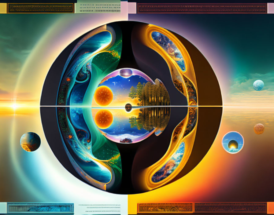 Symmetrical abstract digital artwork with spherical layers of landscapes and cosmic elements.