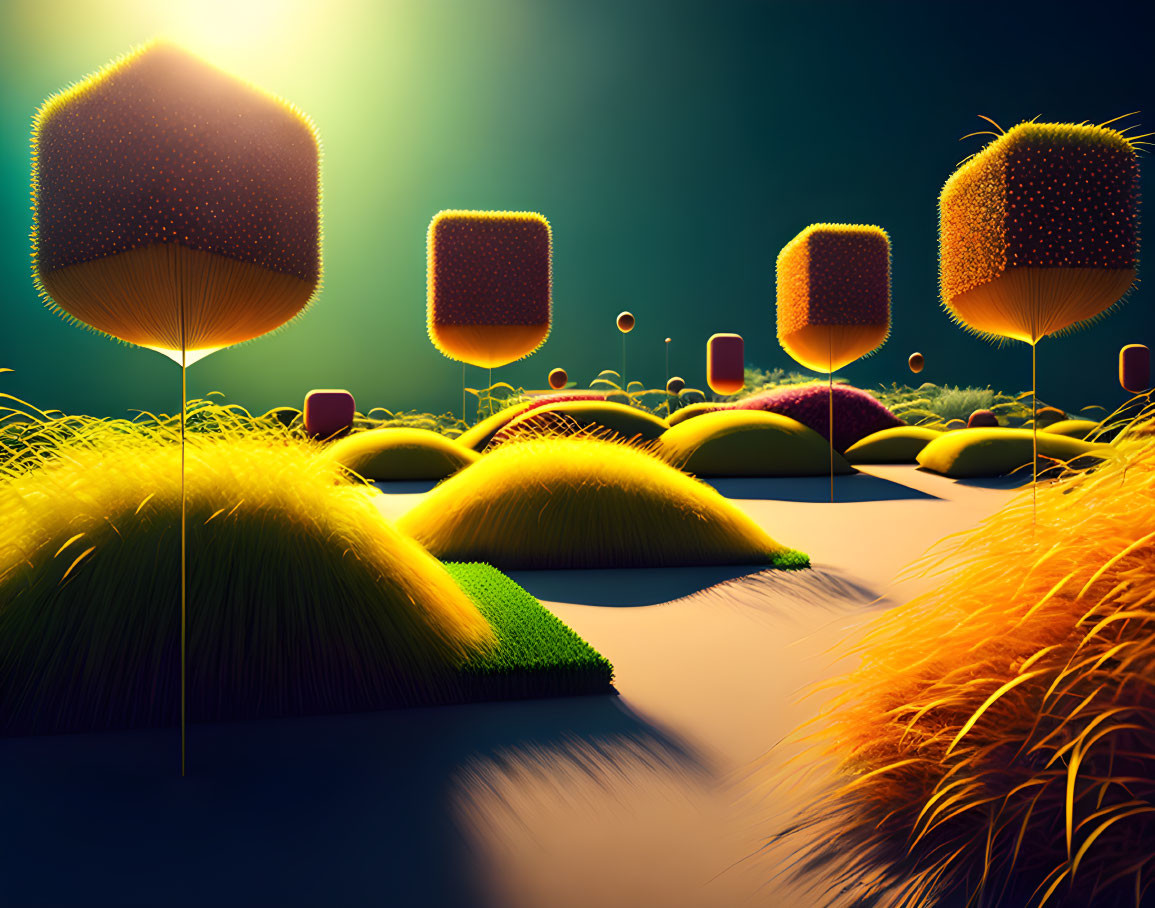 Surreal landscape: Luminous cube trees, rolling hills, glowing orbs