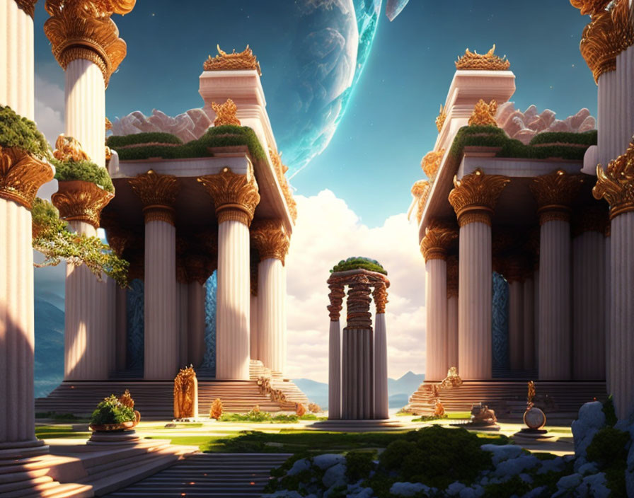 Fantasy landscape with classical columns and large planet in sky