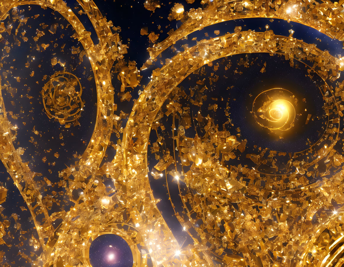 Abstract digital art: Swirling golden fractals depict cosmic galaxies and stars.