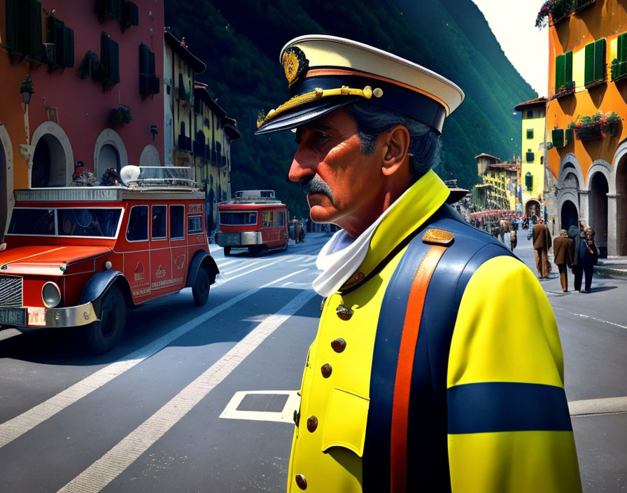 Uniformed man with mustache in quaint town street with vintage red vehicle