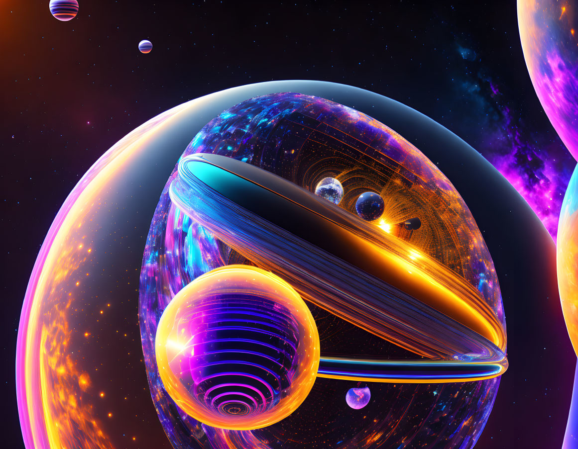 Colorful surreal planets and galaxies in digital artwork