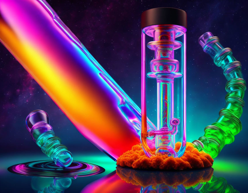 Colorful Neon Glass Bongs on Reflective Surface with Starry Background