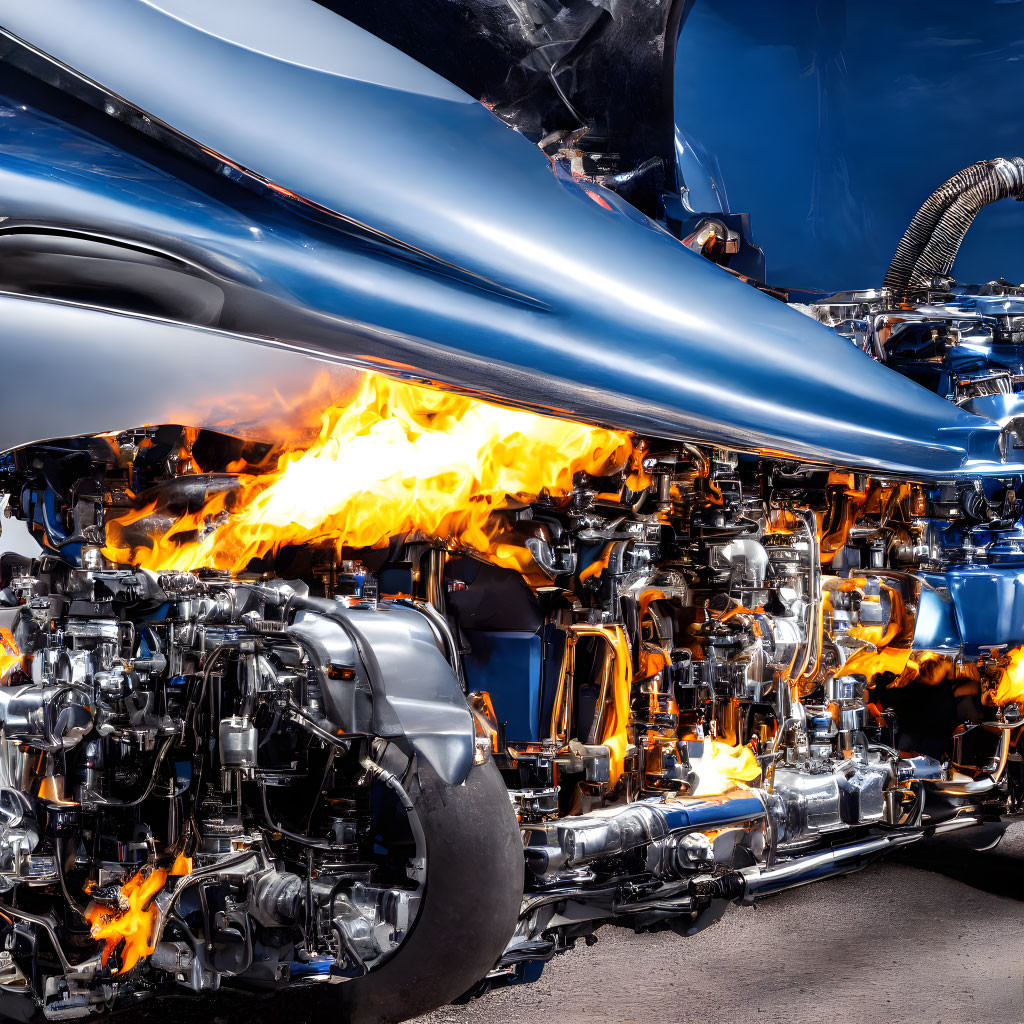 Blue truck with engine on fire and exposed components.