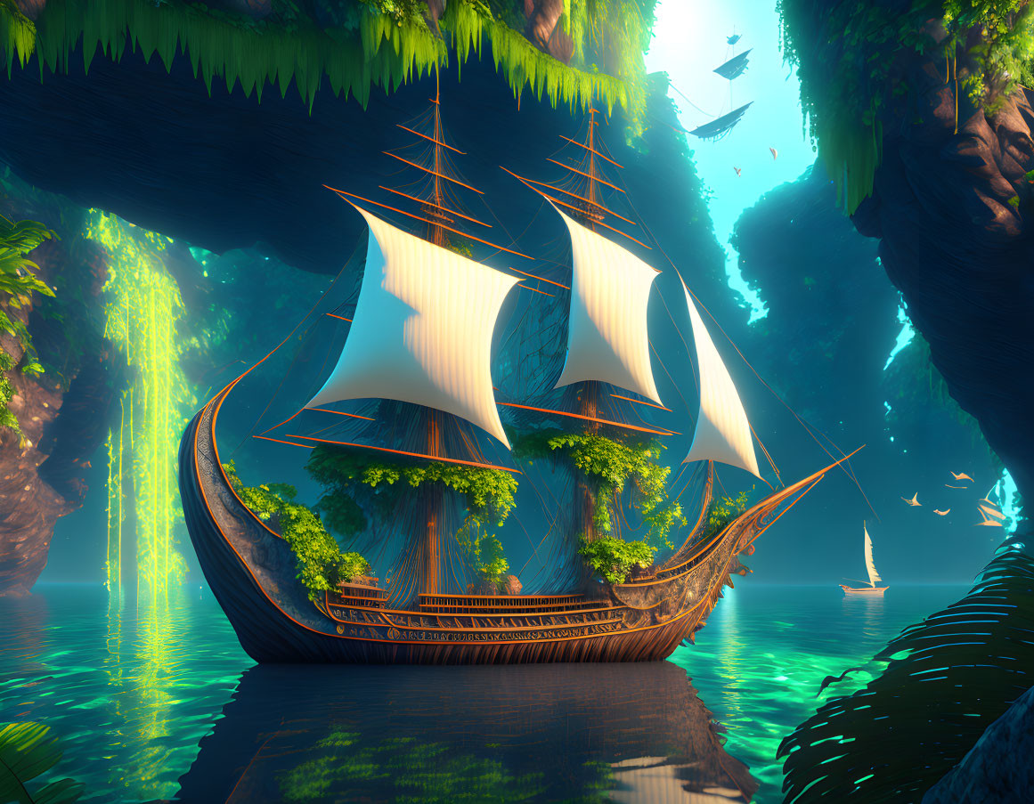 Fantastical ship with trees sails through serene canyon with waterfalls and birds