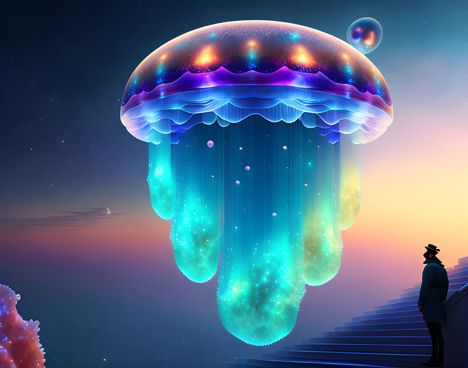 Person in hat gazes at cosmic jellyfish in twilight sky above sea