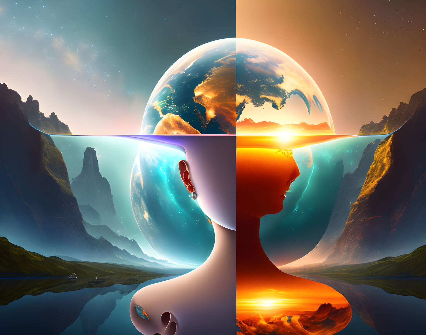 Surreal digital artwork: silhouette head with cosmic landscapes and planets reflected, set against natural background