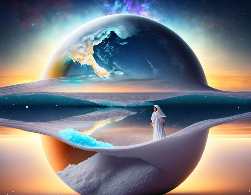 Surreal cosmic hourglass with person in white amid ocean and starry sky