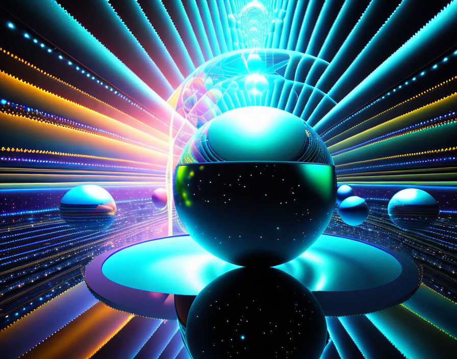 Colorful digital artwork with reflective spheres and discs in cosmic setting