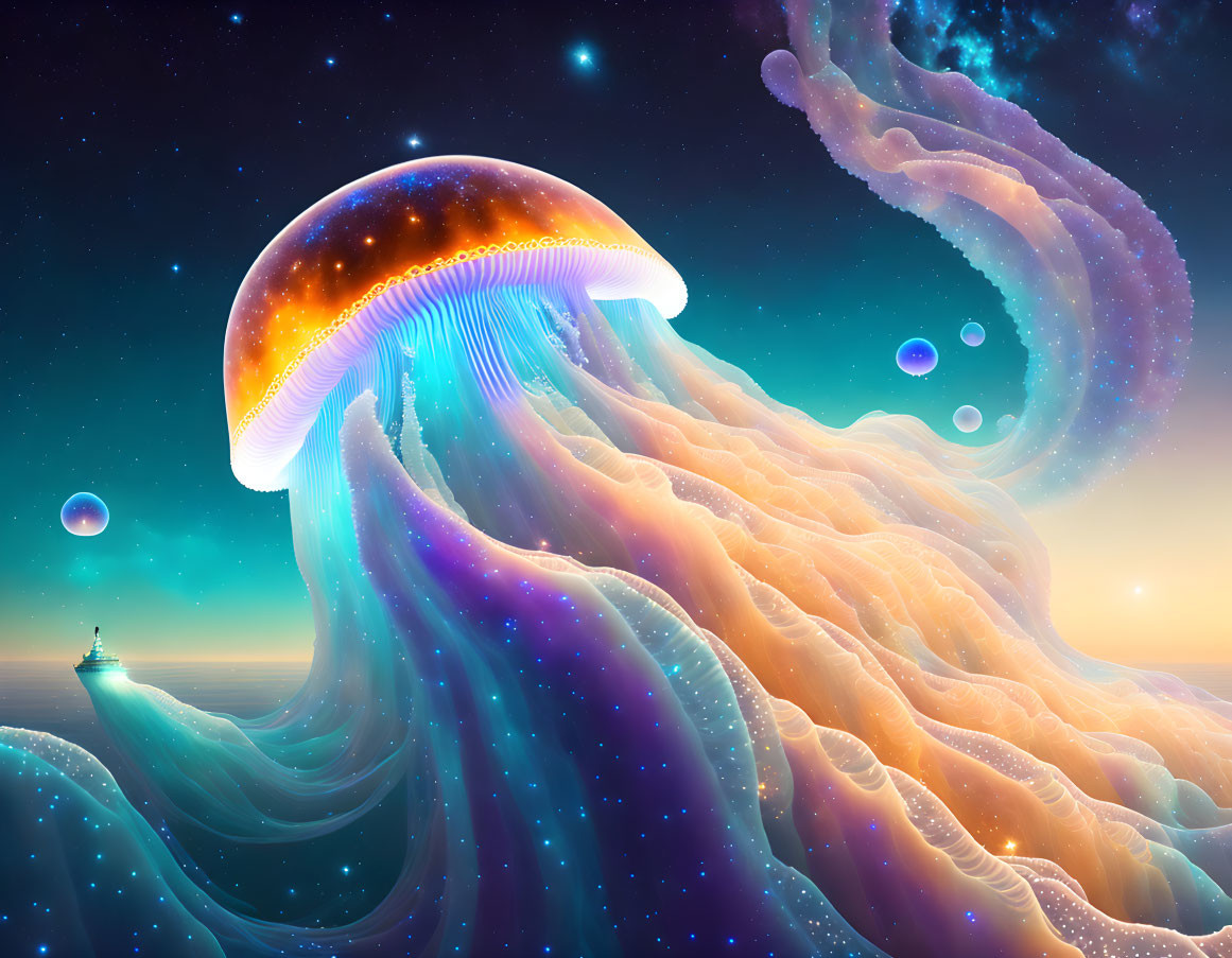 Colossal jellyfish digital artwork in space with ship and planets