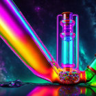 Colorful Neon Glass Bongs on Reflective Surface with Starry Background