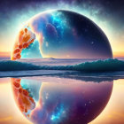 Surreal cosmic hourglass with person in white amid ocean and starry sky