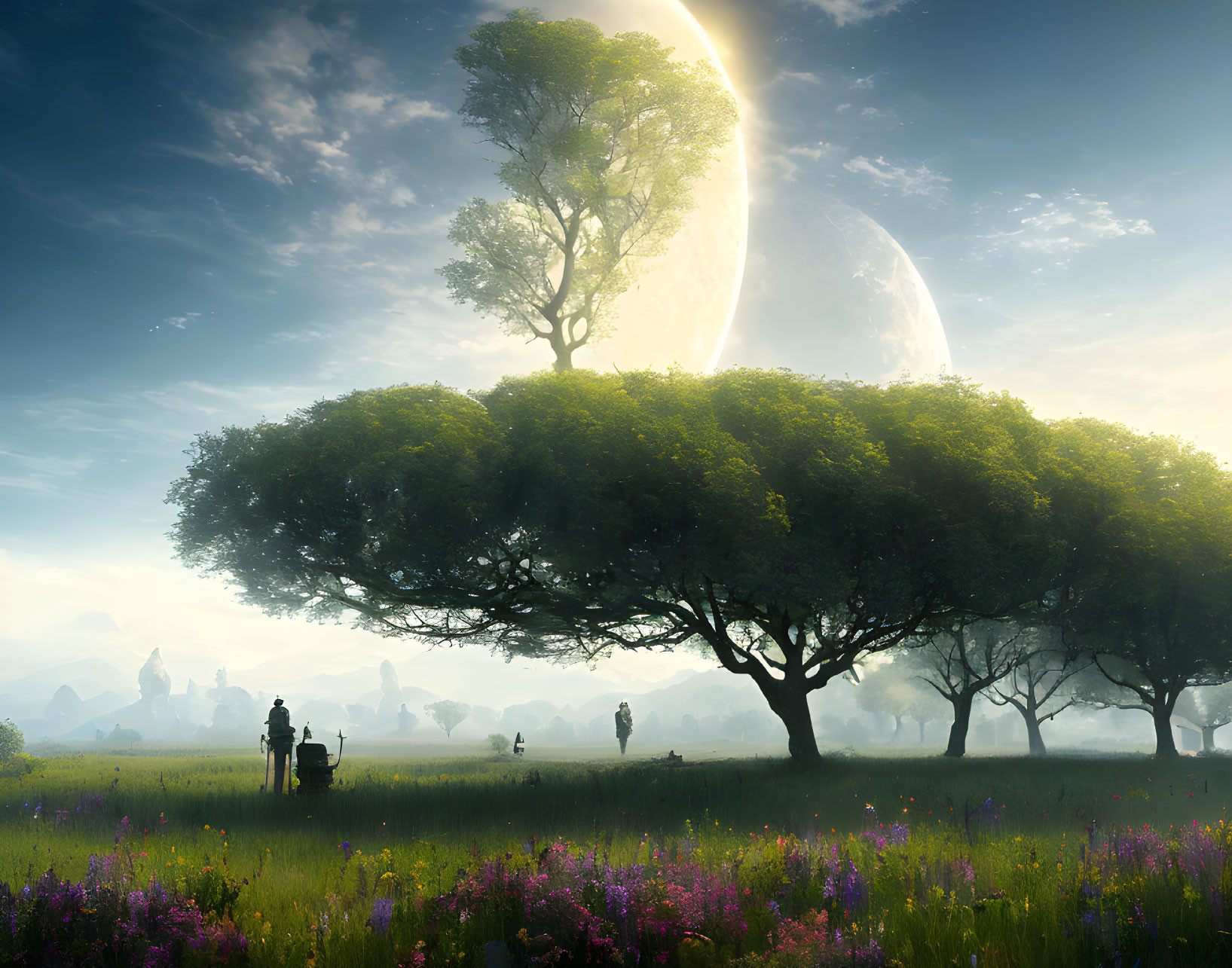 Tranquil meadow with vibrant wildflowers, giant planet, and silhouettes of people.