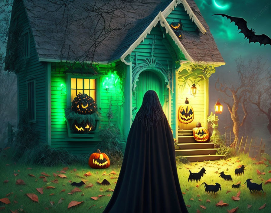 Person in cloak by spooky house with Halloween decorations