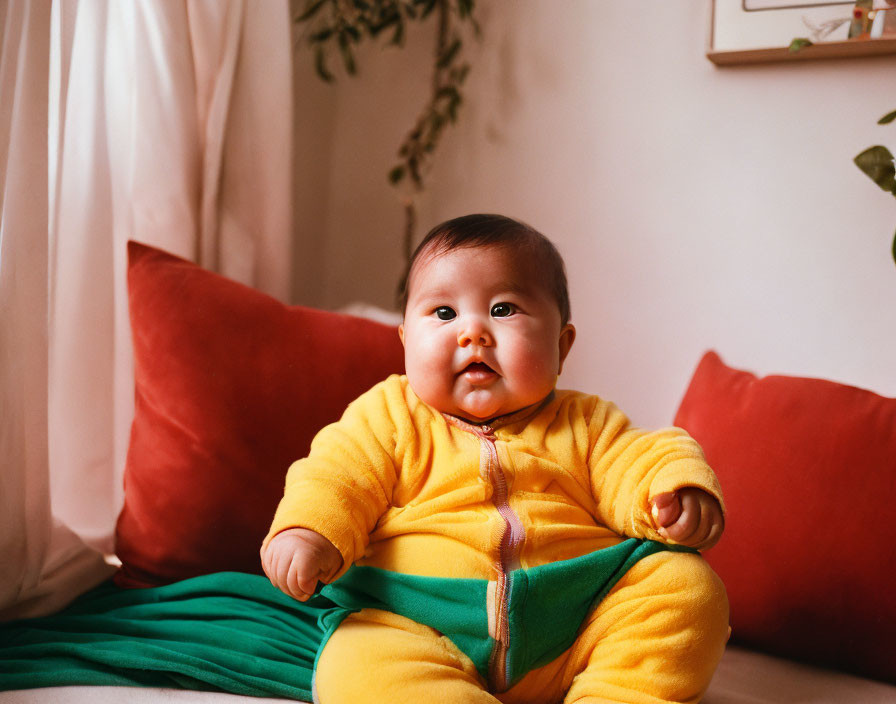 Adorable baby in yellow outfit on red couch with plants