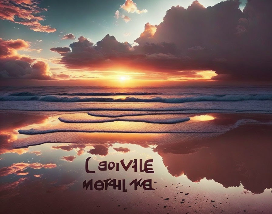 Tranquil beach sunset with text overlay